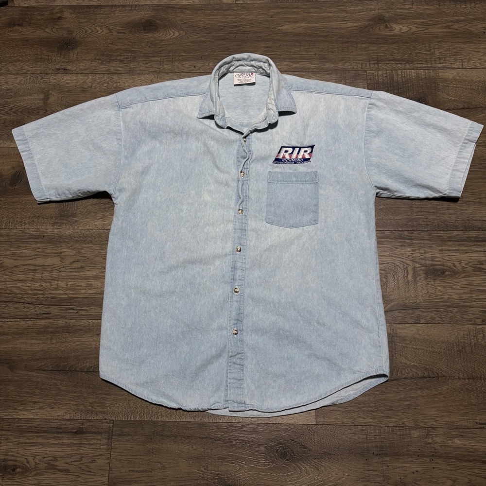 Crystal Springs Denim Shirt Mens Medium Light Blue Good RIR Racing Logo Vintage